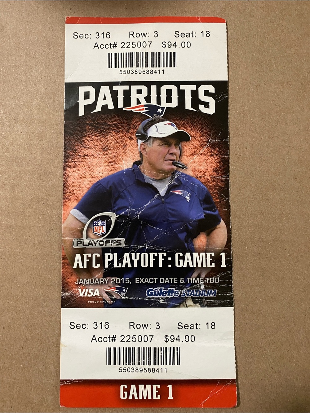 New England Patriots AFC Playoff Game 1 Ticket ft Bill Belichick